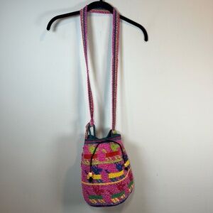 Wayuu Woven Bucket Bag Purse Pink Yellow Wood Bead Animal Print Cinch Close Boho